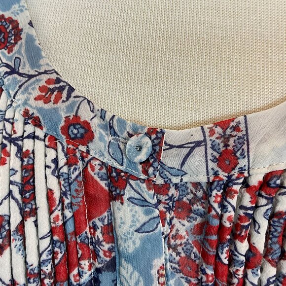 Daniel Rainn Gleeson Tab Sleeve Pleated Front Blue Red Floral Popover Blouse LG - Picture 4 of 13